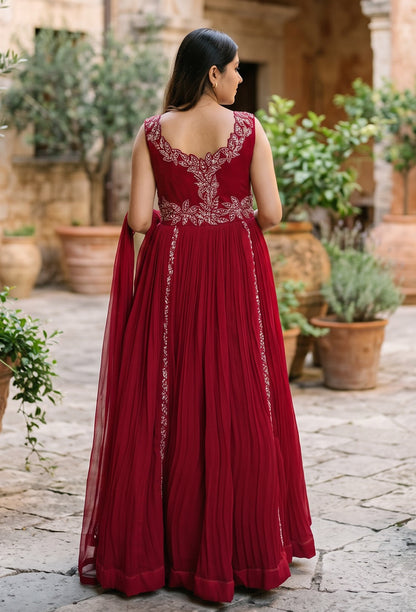 Designer Georgette Anarkali with Cutwork Neckline & Four-Side Bordered Dupatta