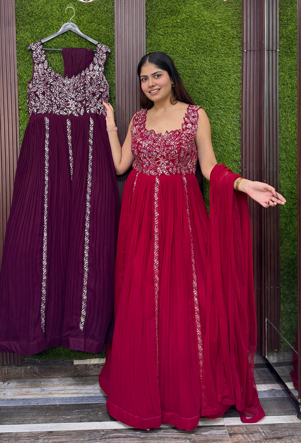 Designer Georgette Anarkali with Cutwork Neckline & Four-Side Bordered Dupatta