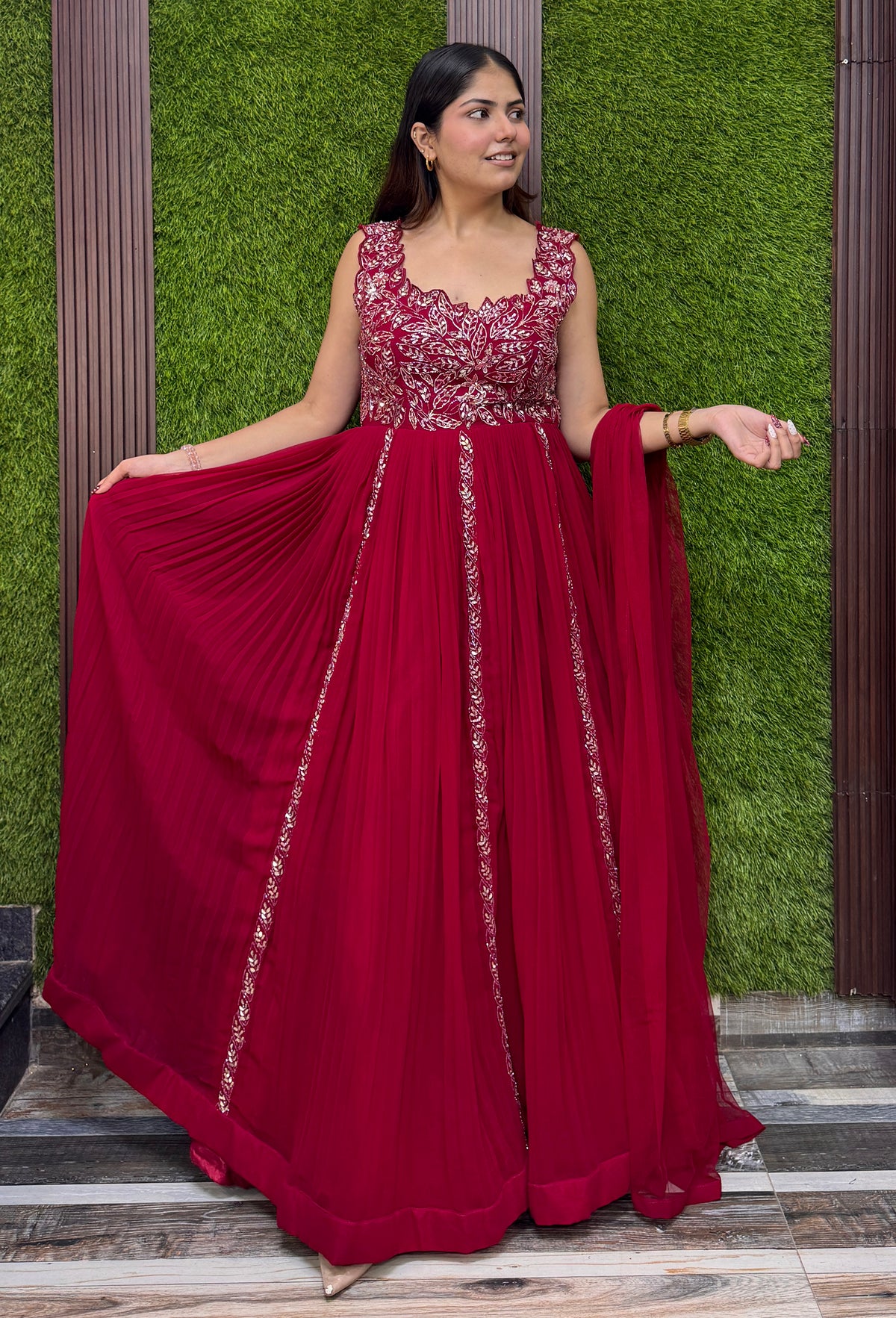 Designer Georgette Anarkali with Cutwork Neckline & Four-Side Bordered Dupatta