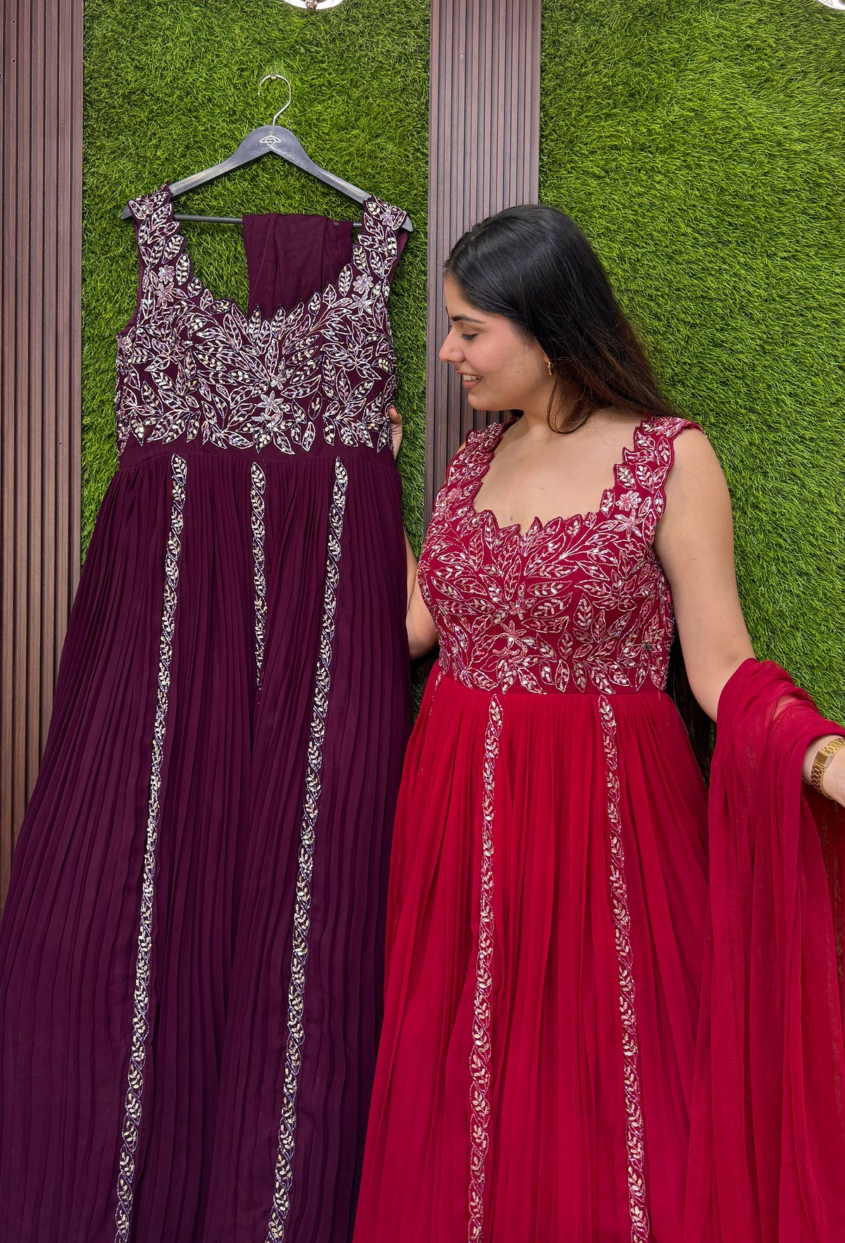 Designer Georgette Anarkali with Cutwork Neckline & Four-Side Bordered Dupatta