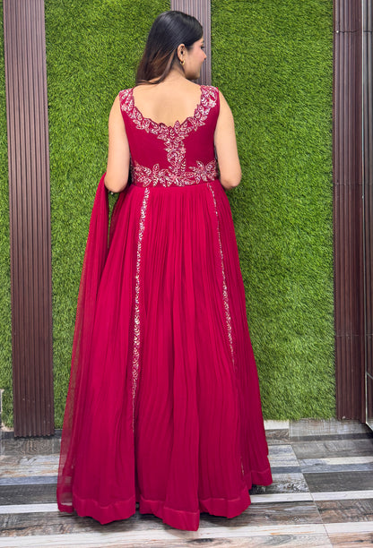 Designer Georgette Anarkali with Cutwork Neckline & Four-Side Bordered Dupatta
