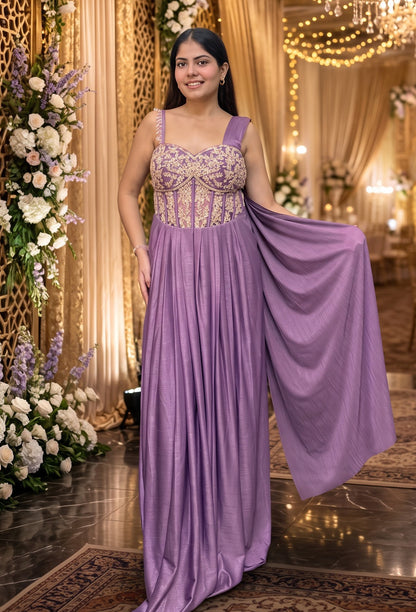 Western Style Cord-set Gown with Backless Neck Design & Shoulder Drape
