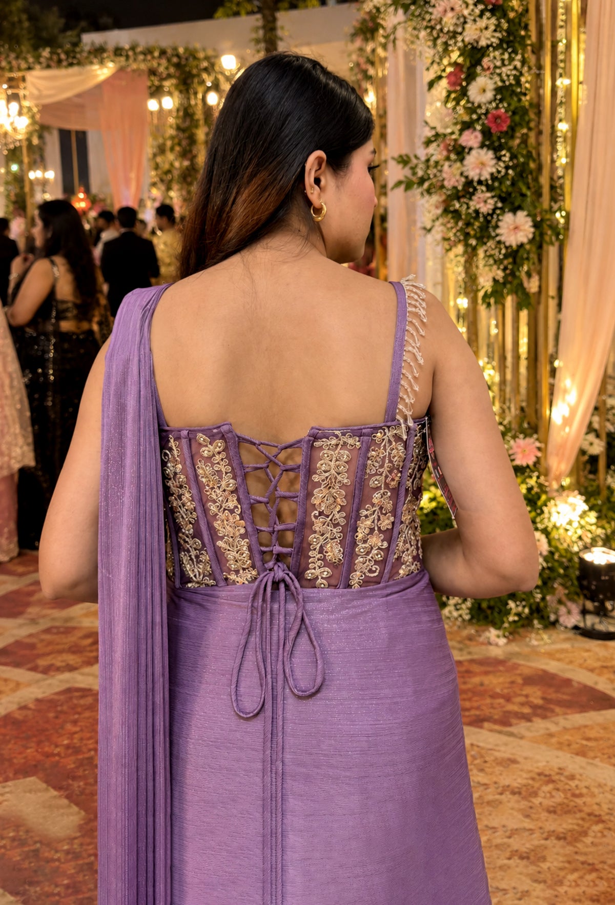 Western Style Cord-set Gown with Backless Neck Design & Shoulder Drape