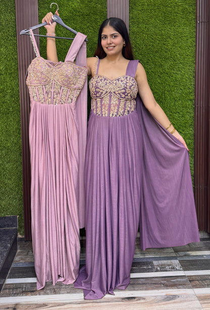 Western Style Cord-set Gown with Backless Neck Design & Shoulder Drape
