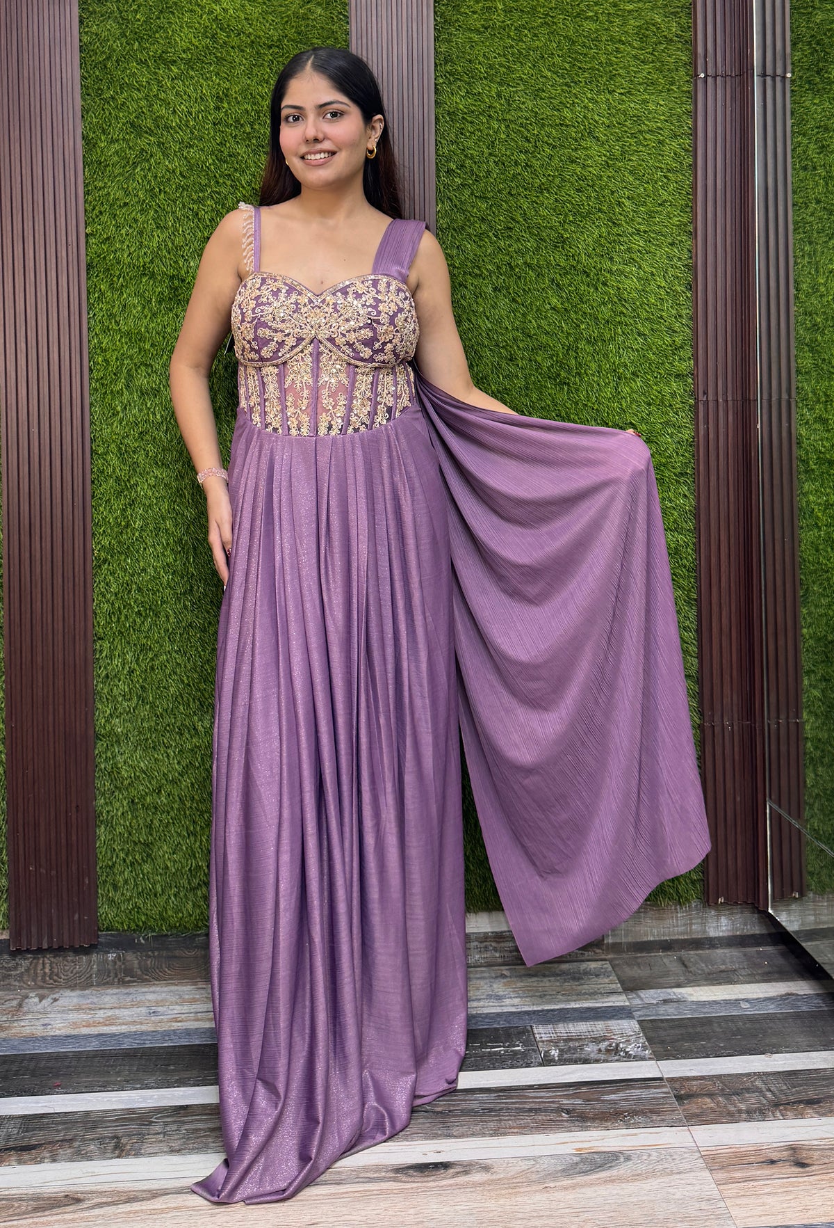 Western Style Cord-set Gown with Backless Neck Design & Shoulder Drape