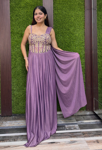 Western Style Cord-set Gown with Backless Neck Design & Shoulder Drape