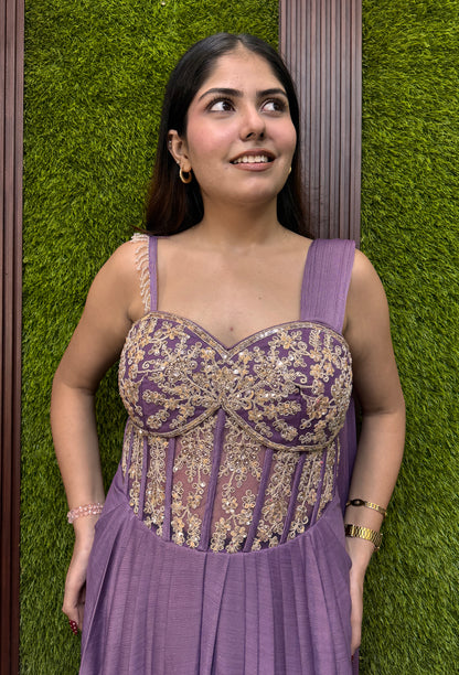 Western Style Cord-set Gown with Backless Neck Design & Shoulder Drape