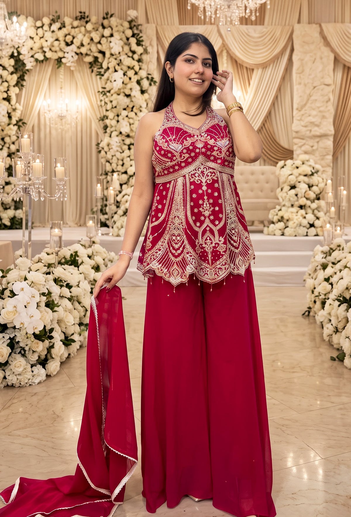 Halter Neck Designer Sharara Suit with Plazo & Georgette Dupatta