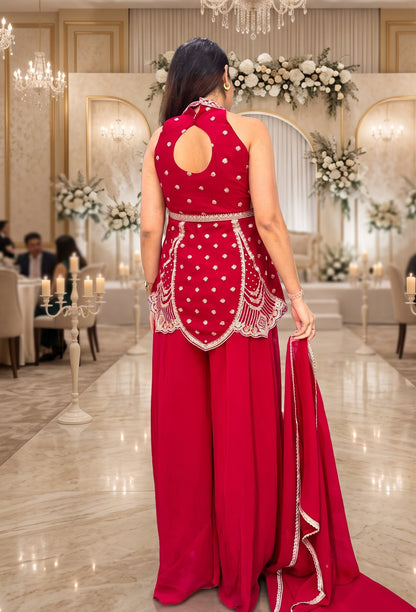 Halter Neck Designer Sharara Suit with Plazo & Georgette Dupatta