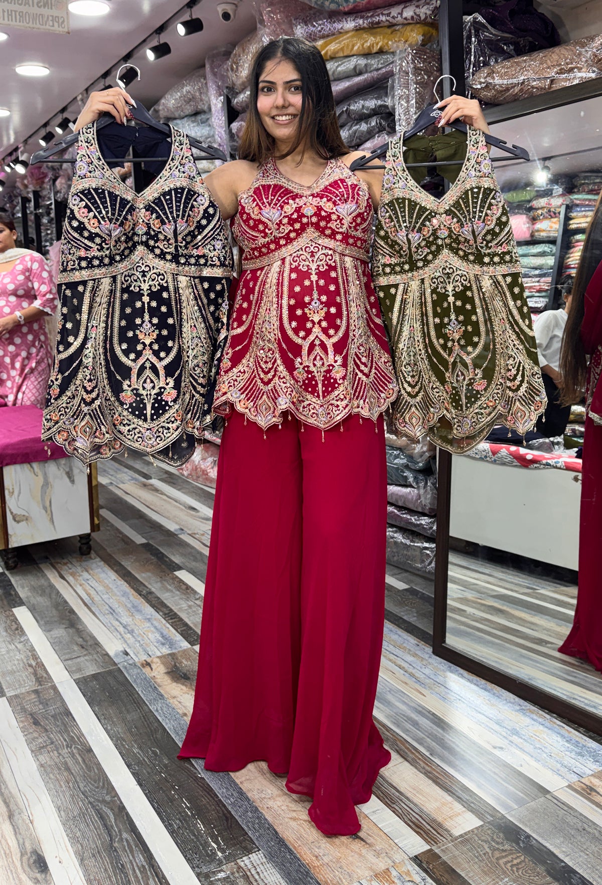 Halter Neck Designer Sharara Suit with Plazo & Georgette Dupatta
