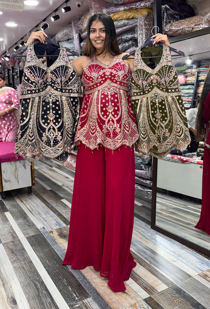 Halter Neck Designer Sharara Suit with Plazo & Georgette Dupatta