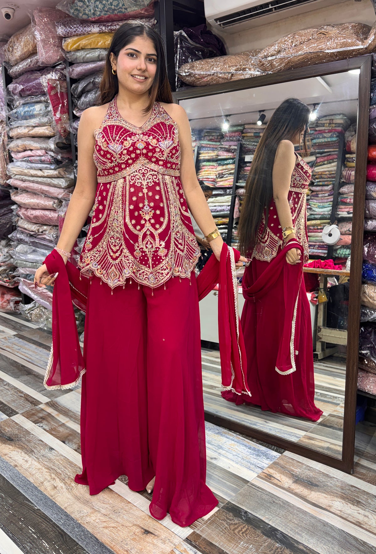 Halter Neck Designer Sharara Suit with Plazo & Georgette Dupatta