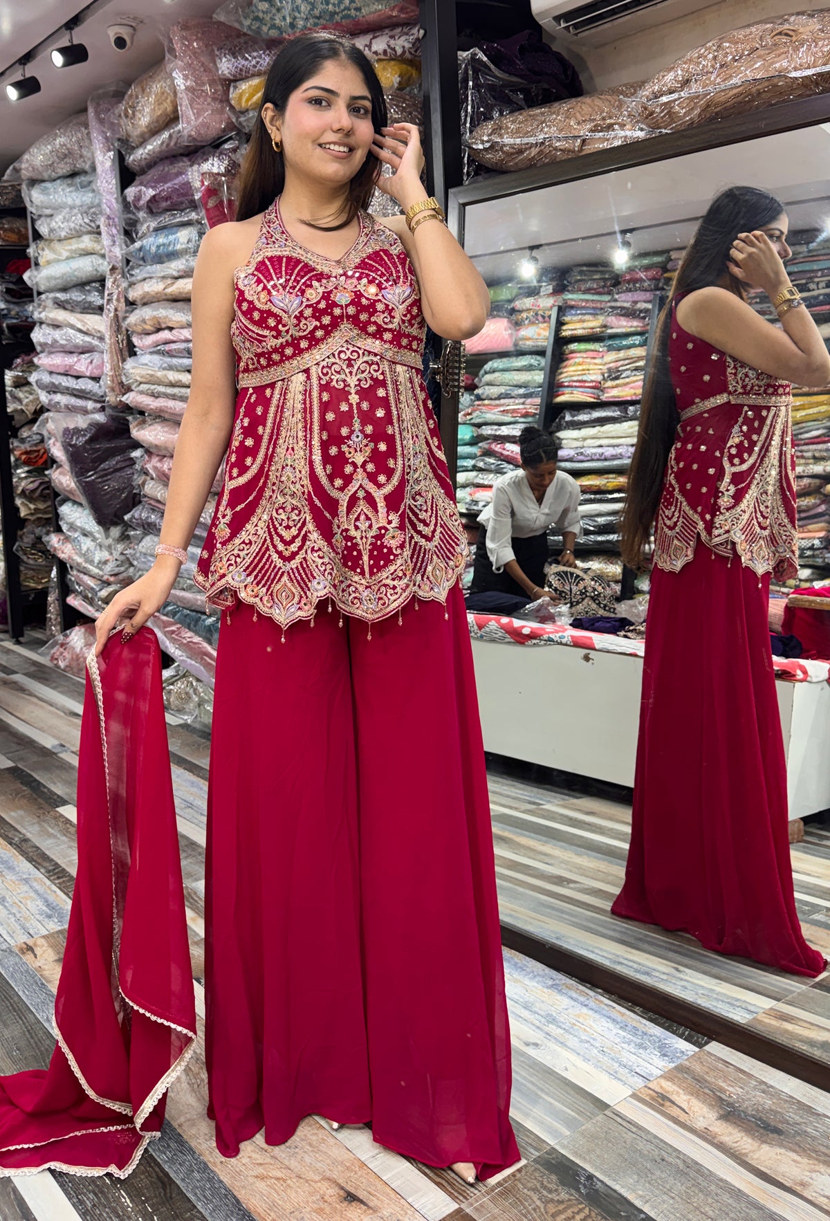 Halter Neck Designer Sharara Suit with Plazo & Georgette Dupatta