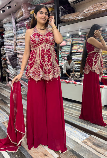 Halter Neck Designer Sharara Suit with Plazo & Georgette Dupatta