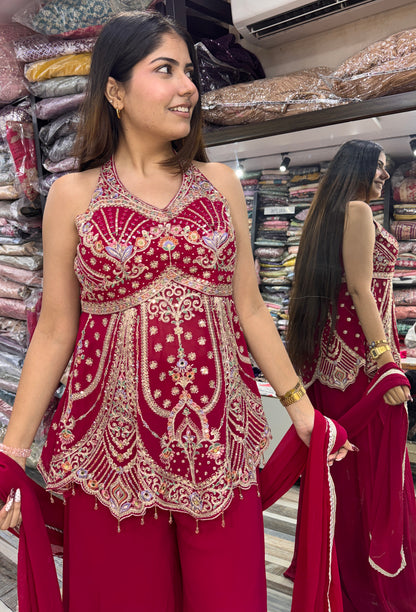 Halter Neck Designer Sharara Suit with Plazo & Georgette Dupatta