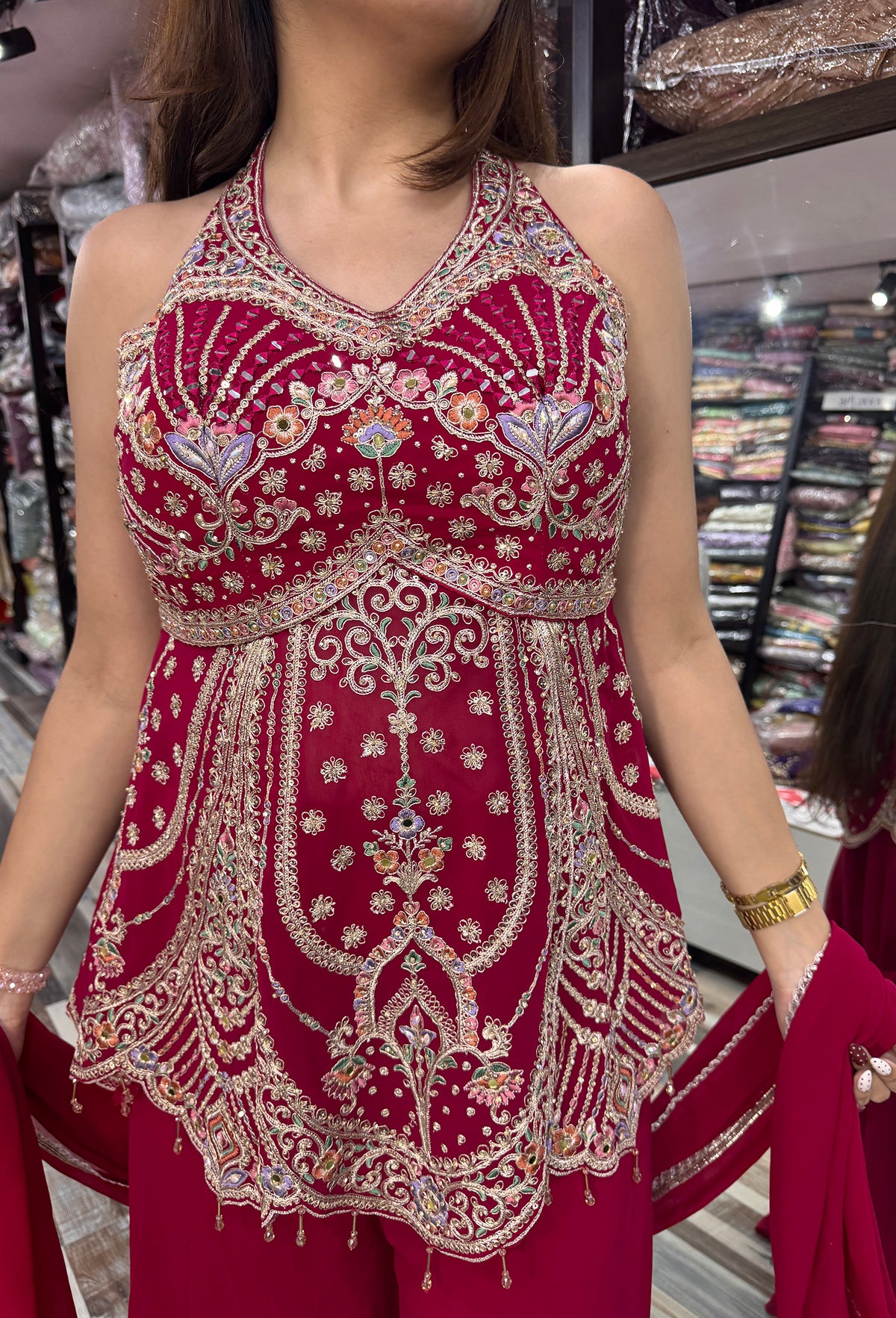 Halter Neck Designer Sharara Suit with Plazo & Georgette Dupatta