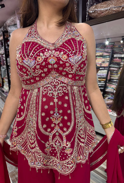 Halter Neck Designer Sharara Suit with Plazo & Georgette Dupatta