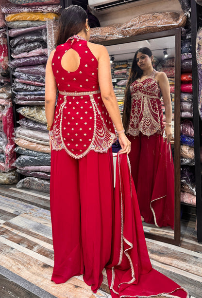Halter Neck Designer Sharara Suit with Plazo & Georgette Dupatta