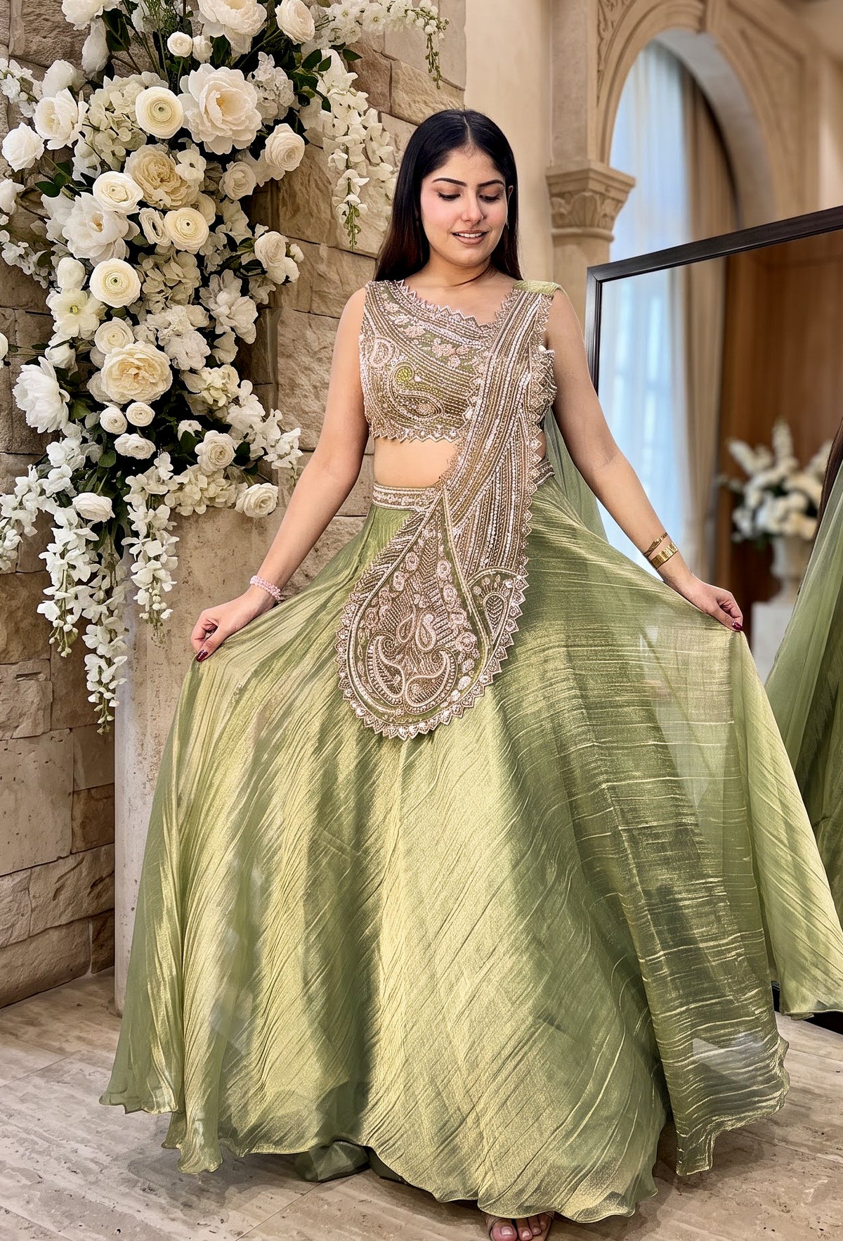 Designer One-Side Crop Top Skirt Set with Connected Drape