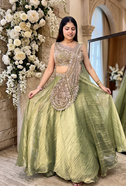 Designer One-Side Crop Top Skirt Set with Connected Drape