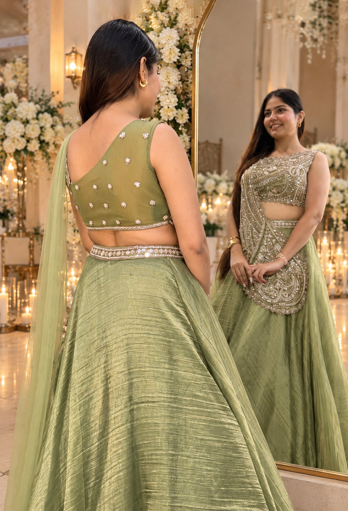 Designer One-Side Crop Top Skirt Set with Connected Drape