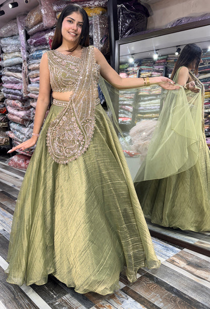 Designer One-Side Crop Top Skirt Set with Connected Drape