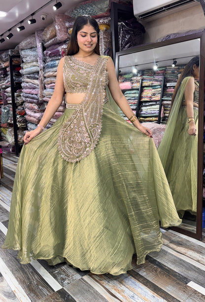 Designer One-Side Crop Top Skirt Set with Connected Drape