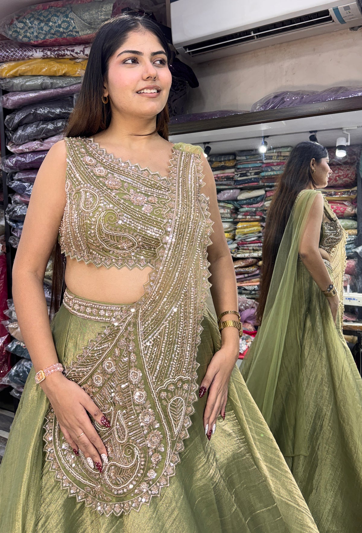 Designer One-Side Crop Top Skirt Set with Connected Drape