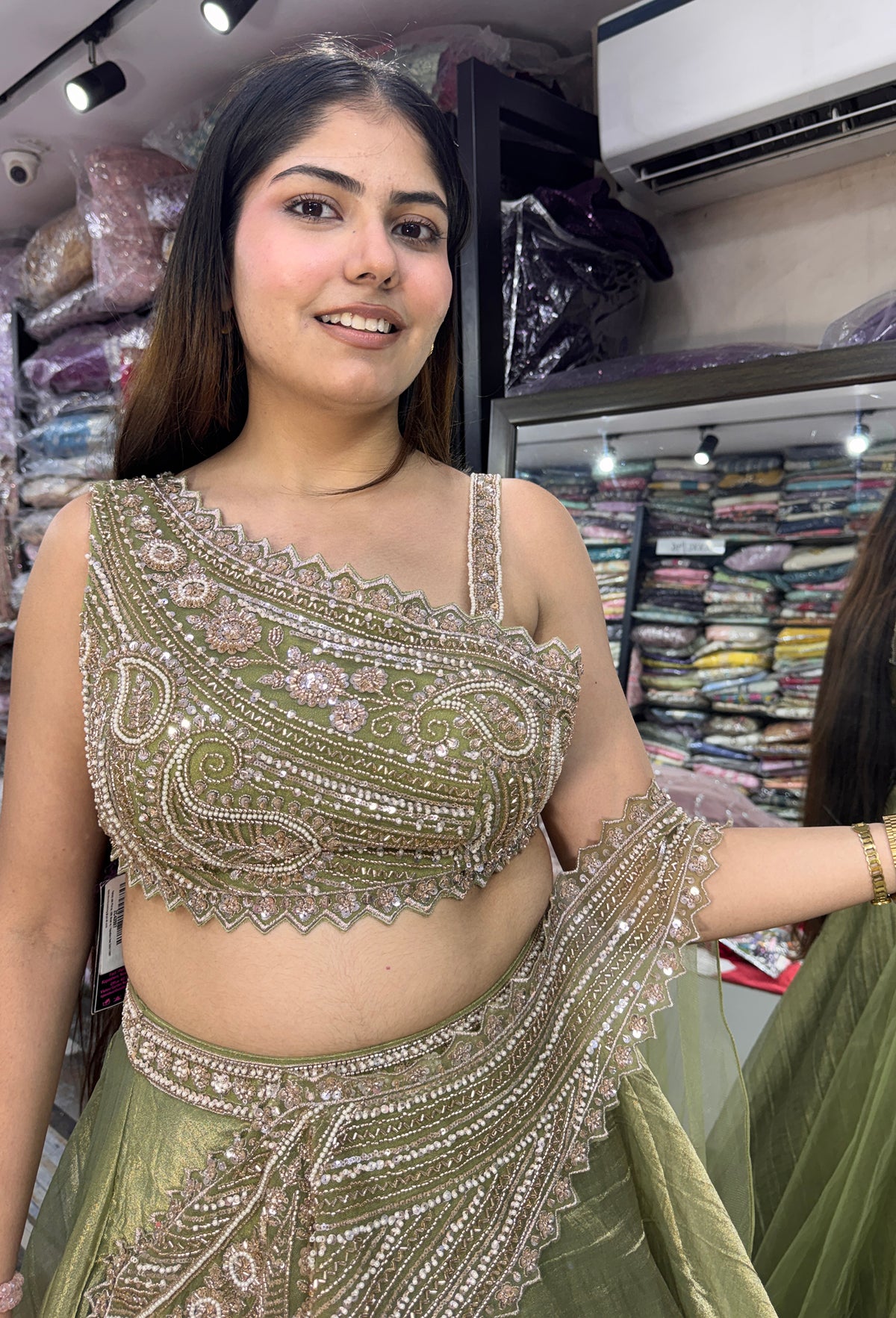 Designer One-Side Crop Top Skirt Set with Connected Drape
