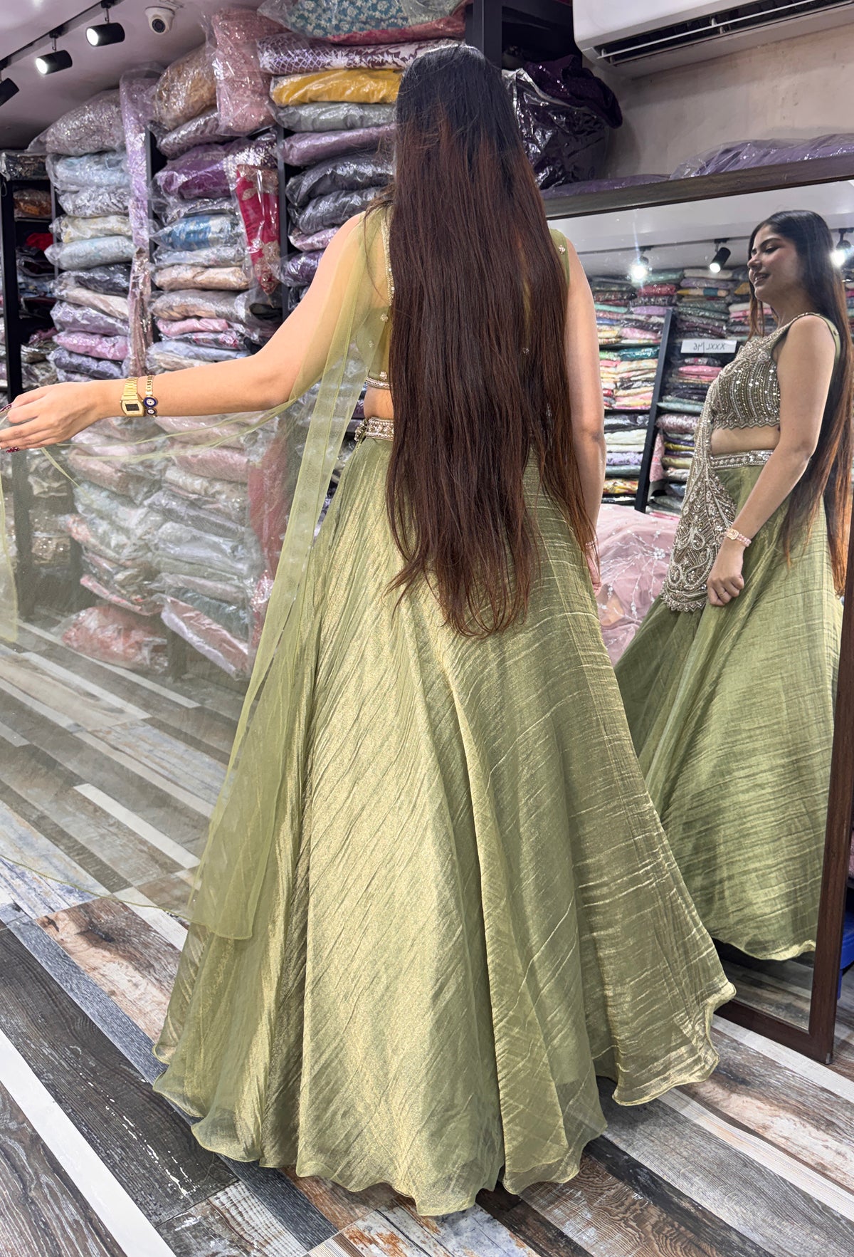 Designer One-Side Crop Top Skirt Set with Connected Drape