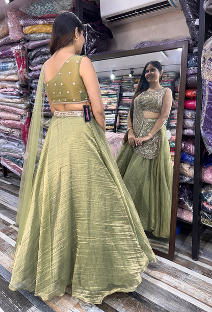 Designer One-Side Crop Top Skirt Set with Connected Drape