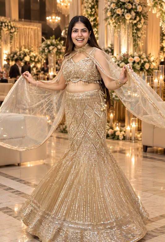 Fish-Cut Crop Top Skirt Set with Hand Embroidered Golden Cape