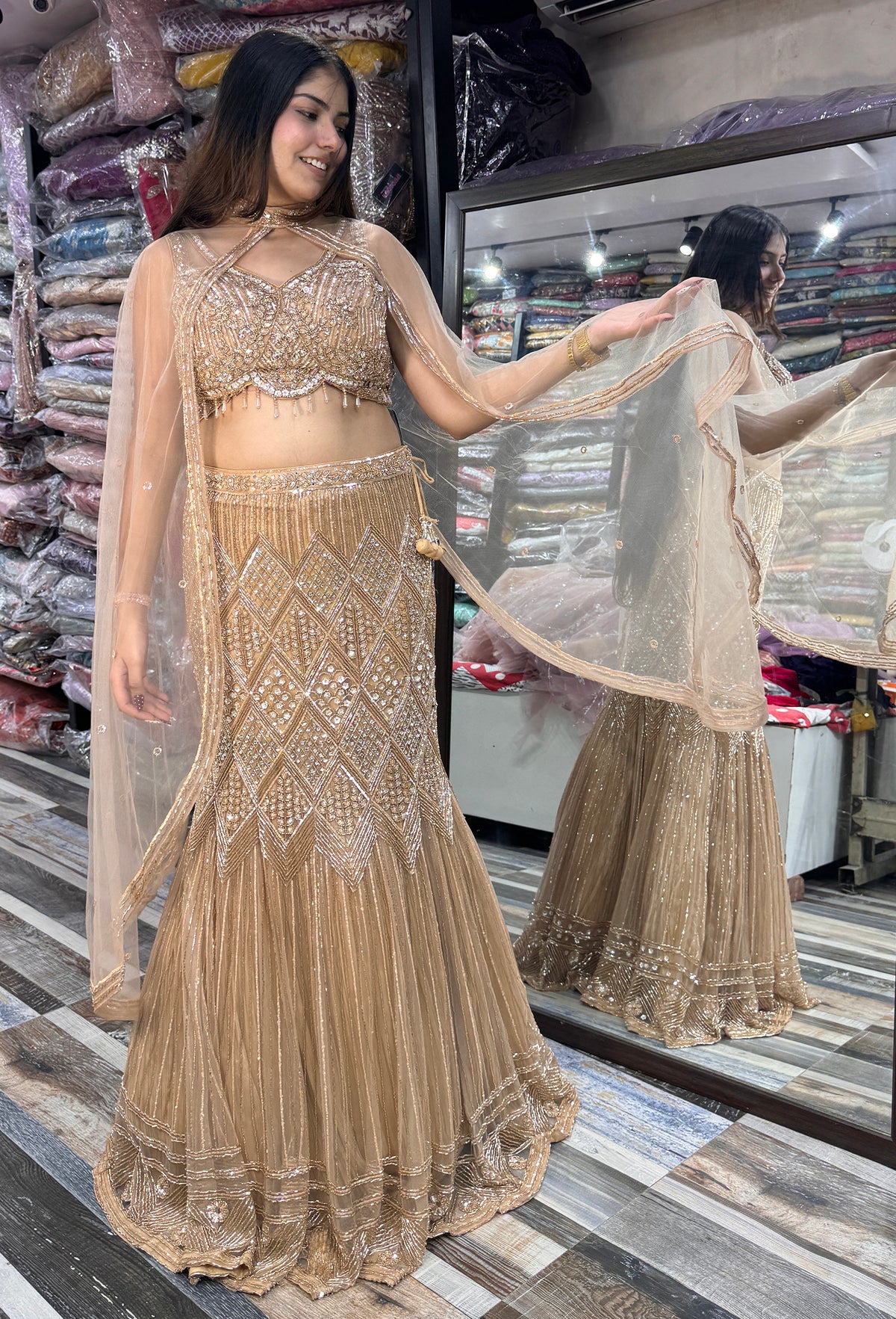 Fish-Cut Crop Top Skirt Set with Hand Embroidered Golden Cape