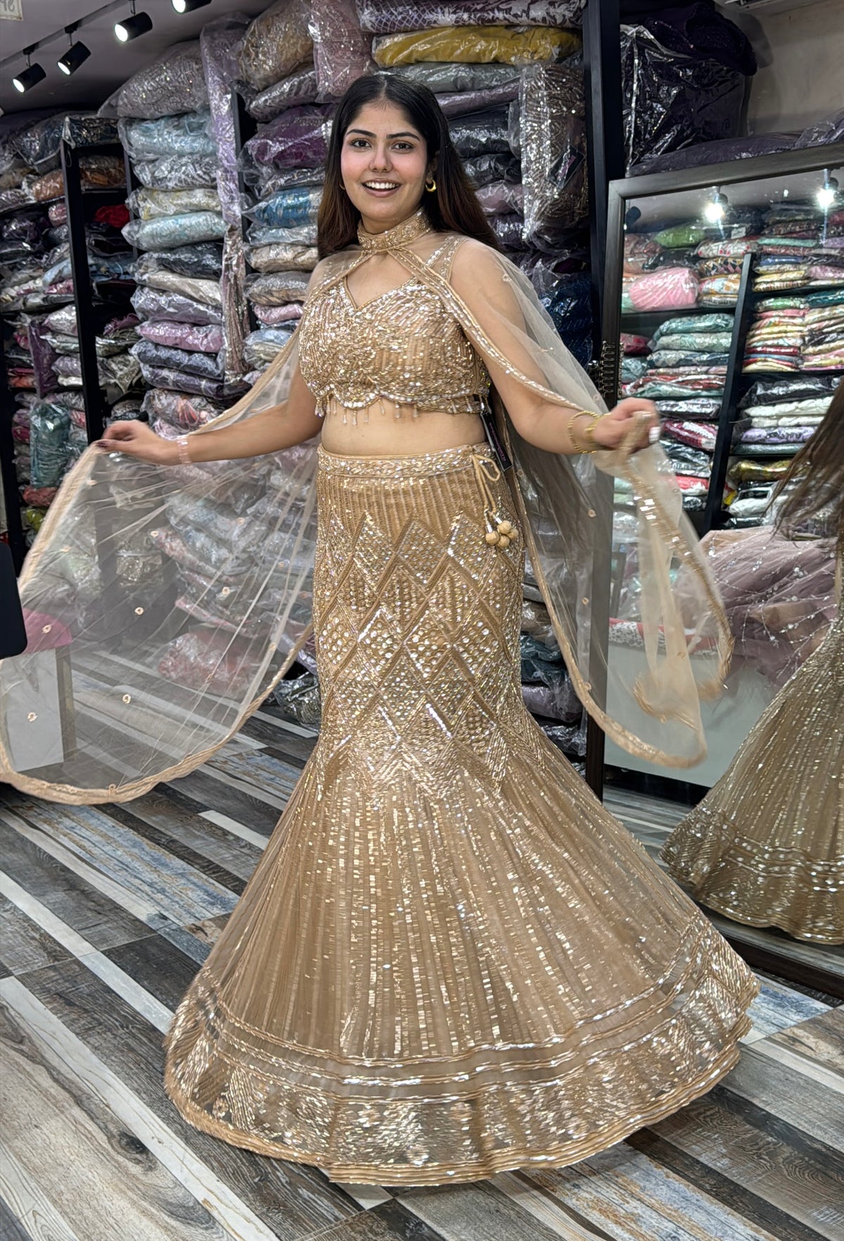 Fish-Cut Crop Top Skirt Set with Hand Embroidered Golden Cape