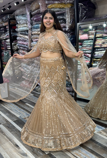 Fish-Cut Crop Top Skirt Set with Hand Embroidered Golden Cape