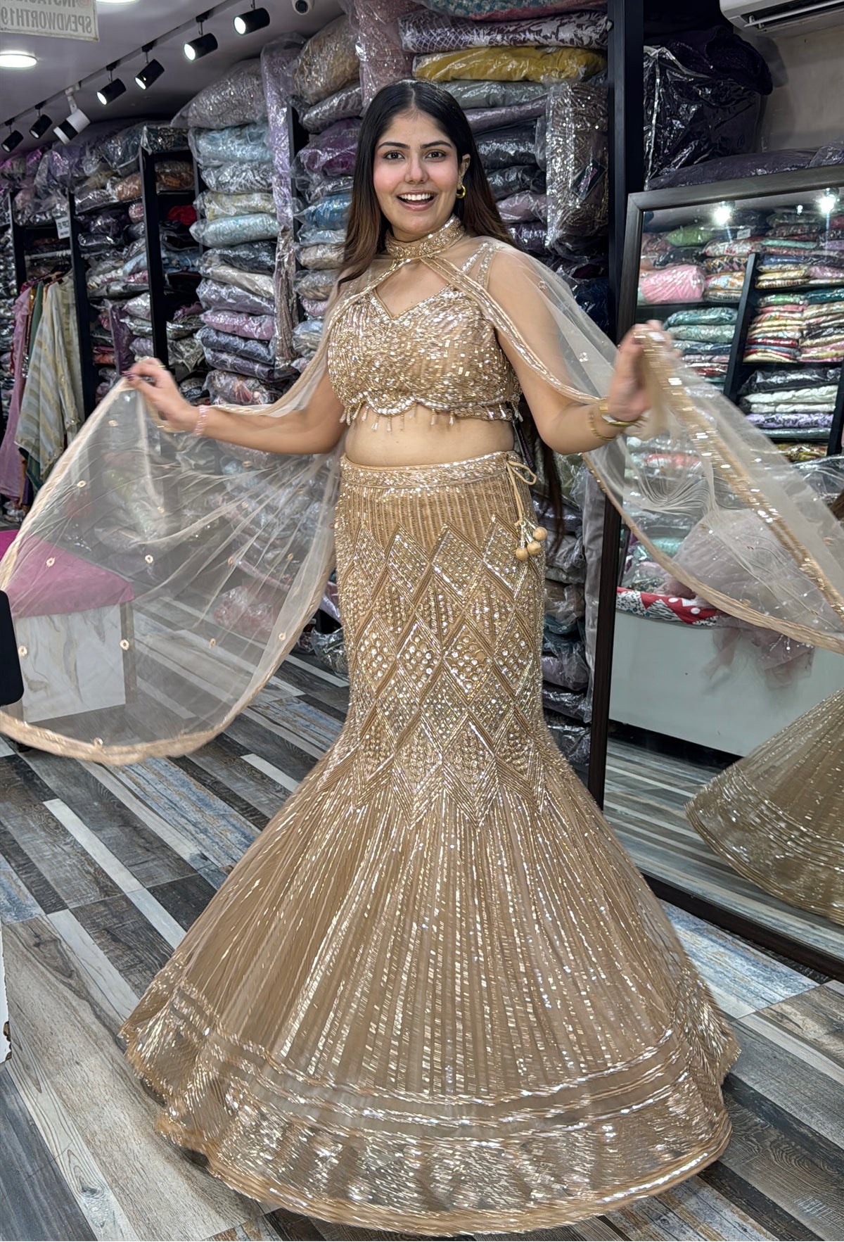 Fish-Cut Crop Top Skirt Set with Hand Embroidered Golden Cape