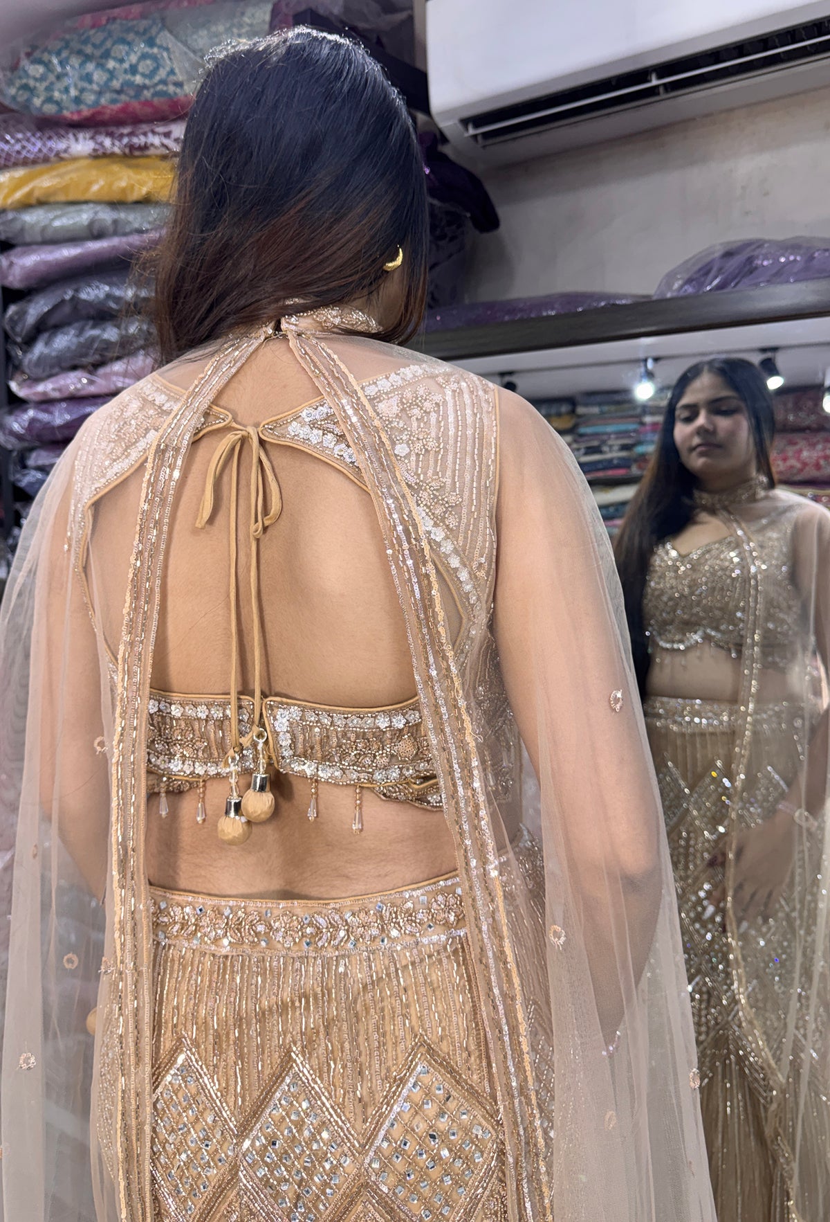 Fish-Cut Crop Top Skirt Set with Hand Embroidered Golden Cape
