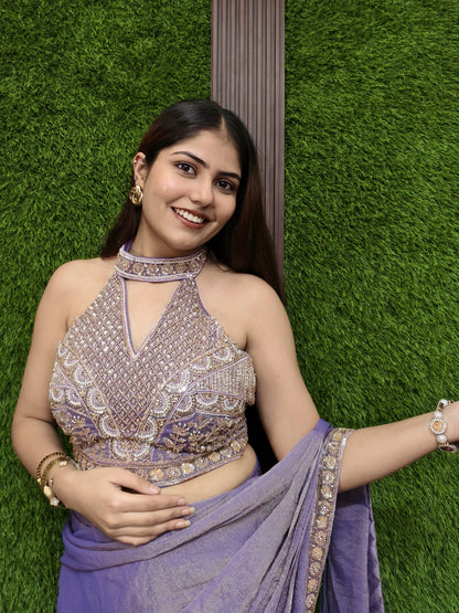 Halter Neck Designer Blouse Ready to Wear Organza Two Tone Purple Saree