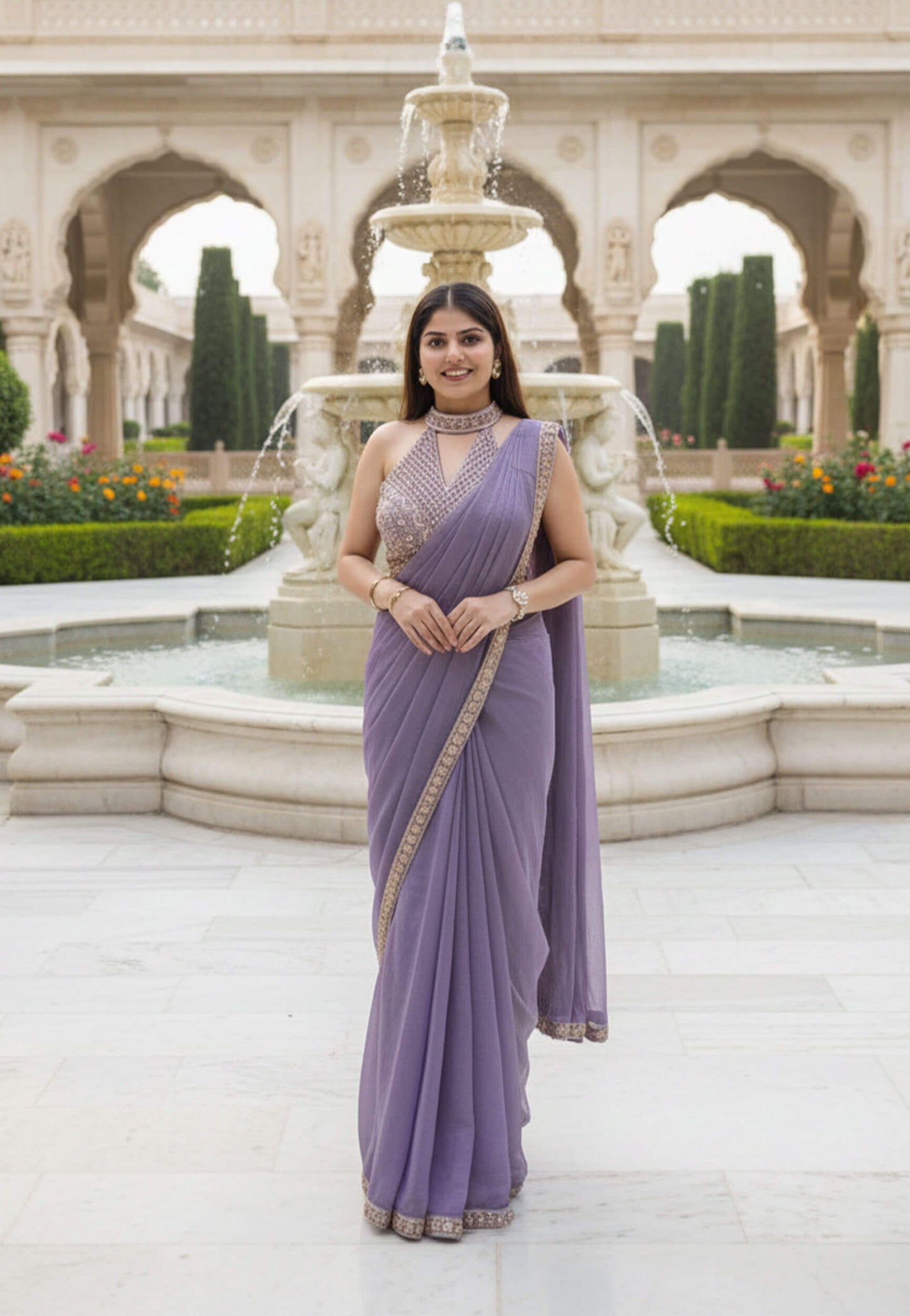 Halter Neck Designer Blouse Ready to Wear Organza Two Tone Purple Saree
