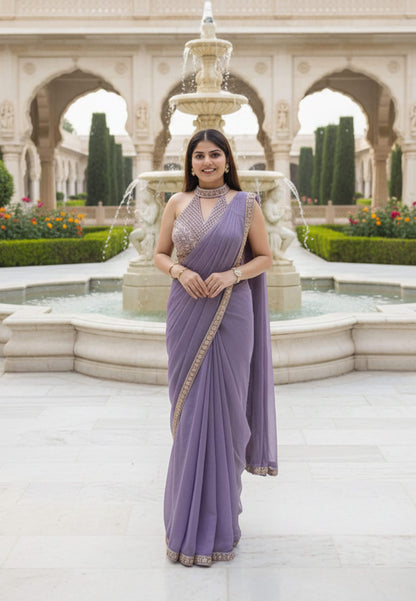 Halter Neck Designer Blouse Ready to Wear Organza Two Tone Purple Saree