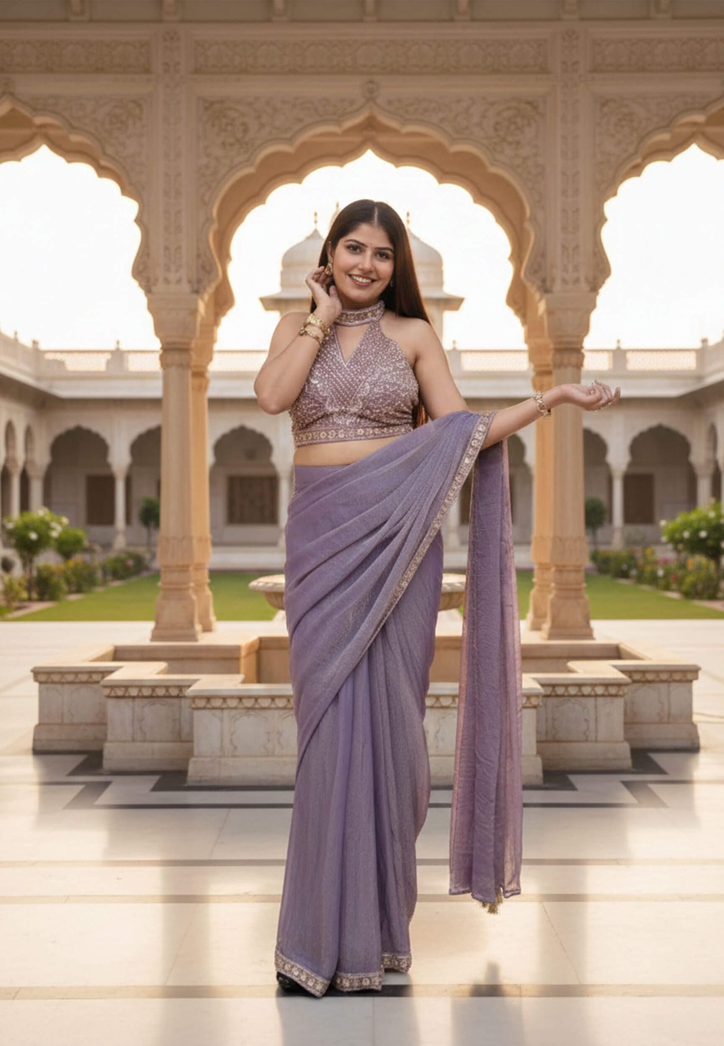 Halter Neck Designer Blouse Ready to Wear Organza Two Tone Purple Saree