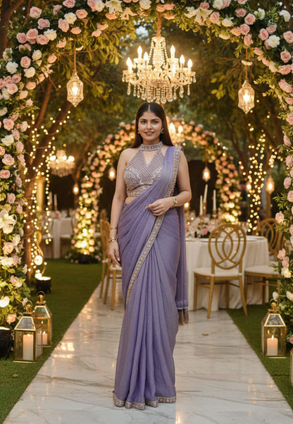 Halter Neck Designer Blouse Ready to Wear Organza Two Tone Purple Saree