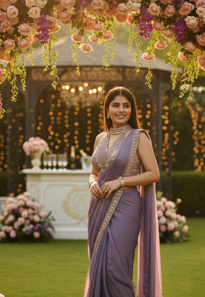 Halter Neck Designer Blouse Ready to Wear Organza Two Tone Purple Saree