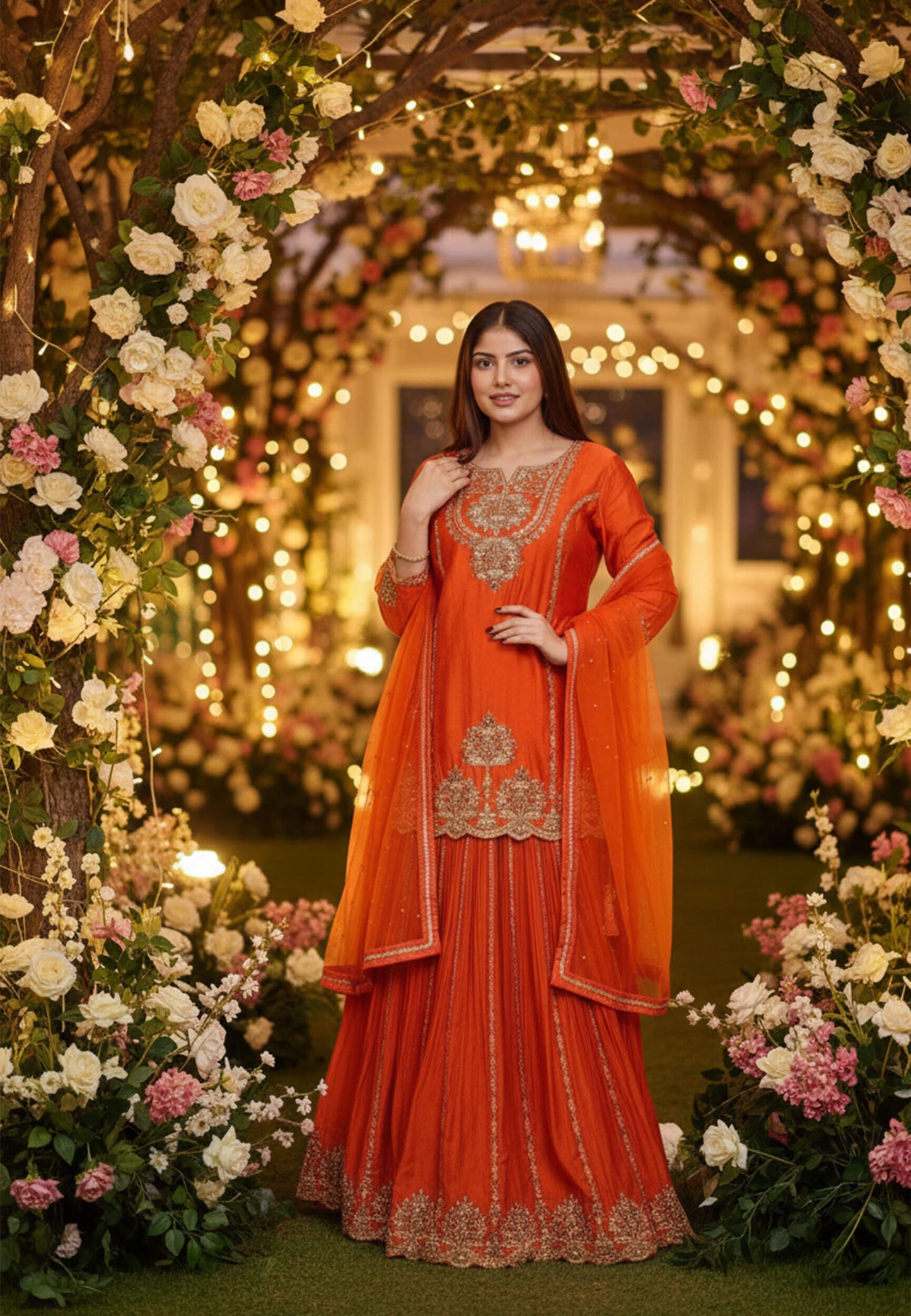 Chinnon Silk Hand Embroidered Indo Western Lehenga with Long Shirt in Orange