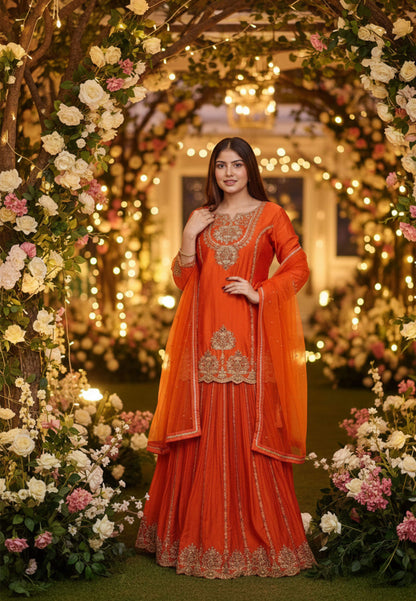 Chinnon Silk Hand Embroidered Indo Western Lehenga with Long Shirt in Orange