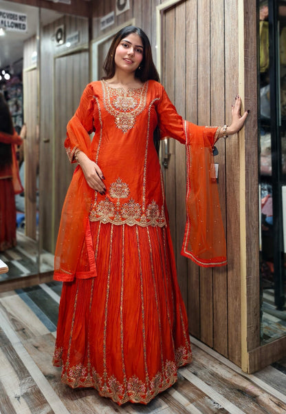 Chinnon Silk Hand Embroidered Indo Western Lehenga with Long Shirt in Orange