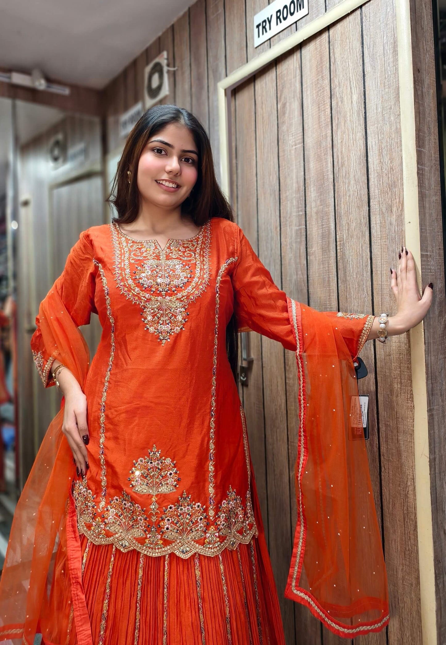 Chinnon Silk Hand Embroidered Indo Western Lehenga with Long Shirt in Orange