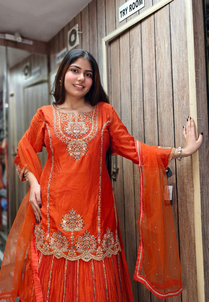 Chinnon Silk Hand Embroidered Indo Western Lehenga with Long Shirt in Orange