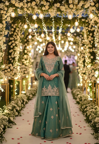 Organza Silk Dori Embroidered Indo Western Dress with Long Shirt