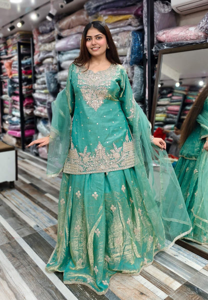 Organza Silk Dori Embroidered Indo Western Dress with Long Shirt